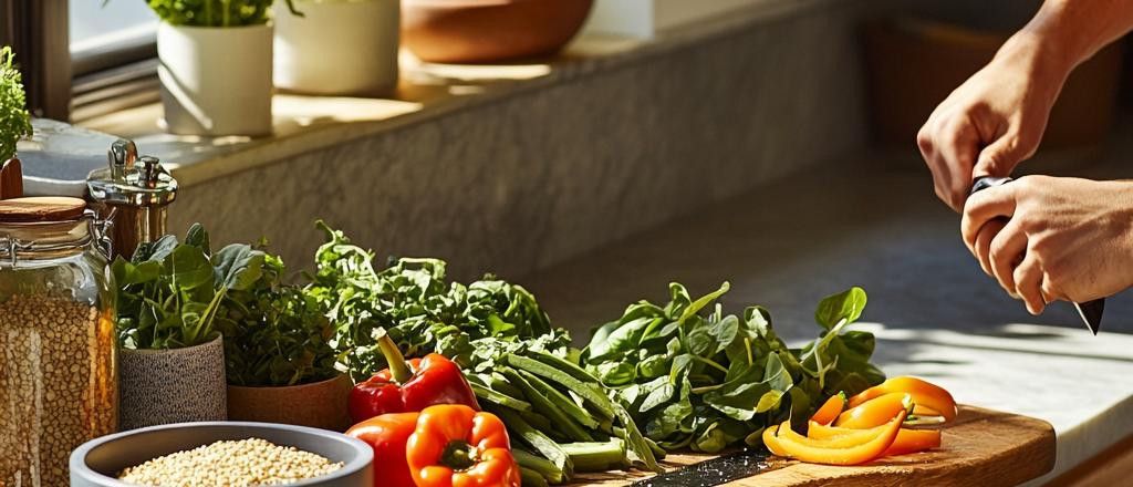 Hands are shown cutting fresh vegetables on a wooden cutting board, including bell peppers, green beans, and leafy greens. There are also containers of grains on the counter.