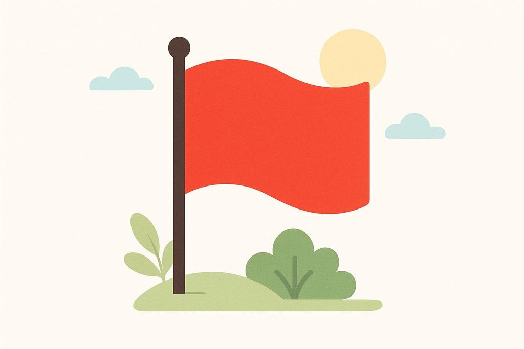 A clear, simple illustration of a red flag waving on a pole, with a yellow sun and two light blue clouds in the background, symbolizing a warning sign.