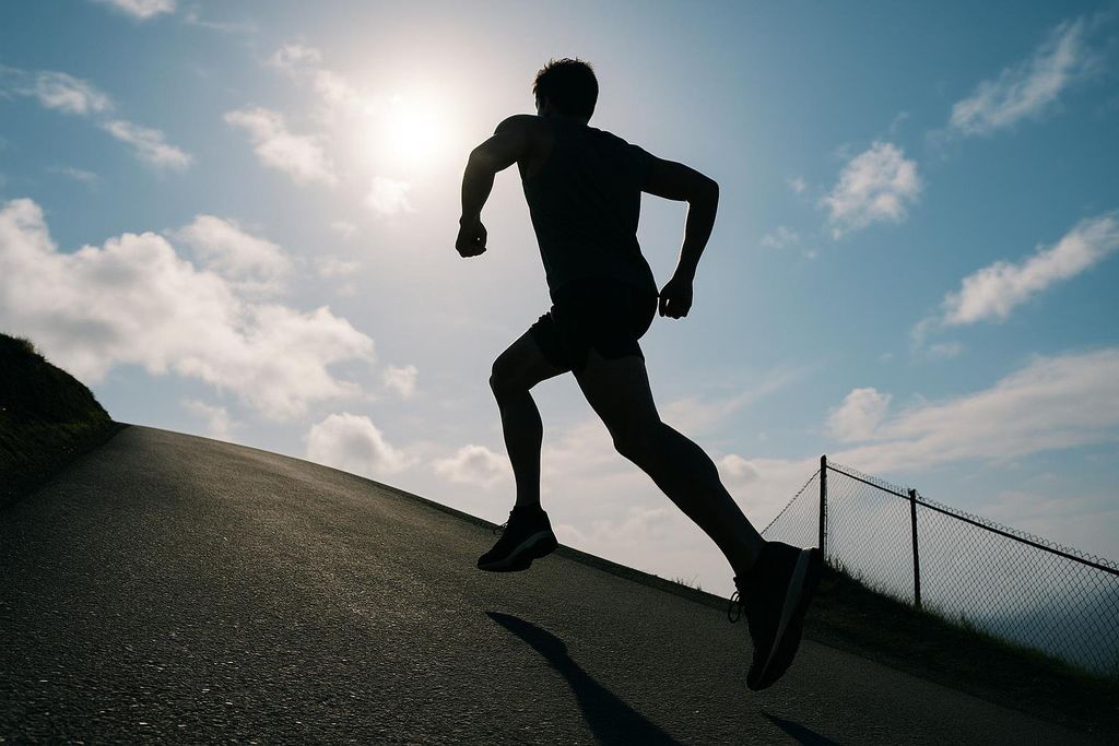 A runner powerfully ascending a steep hill, silhouetted against a bright sky with scattered clouds.