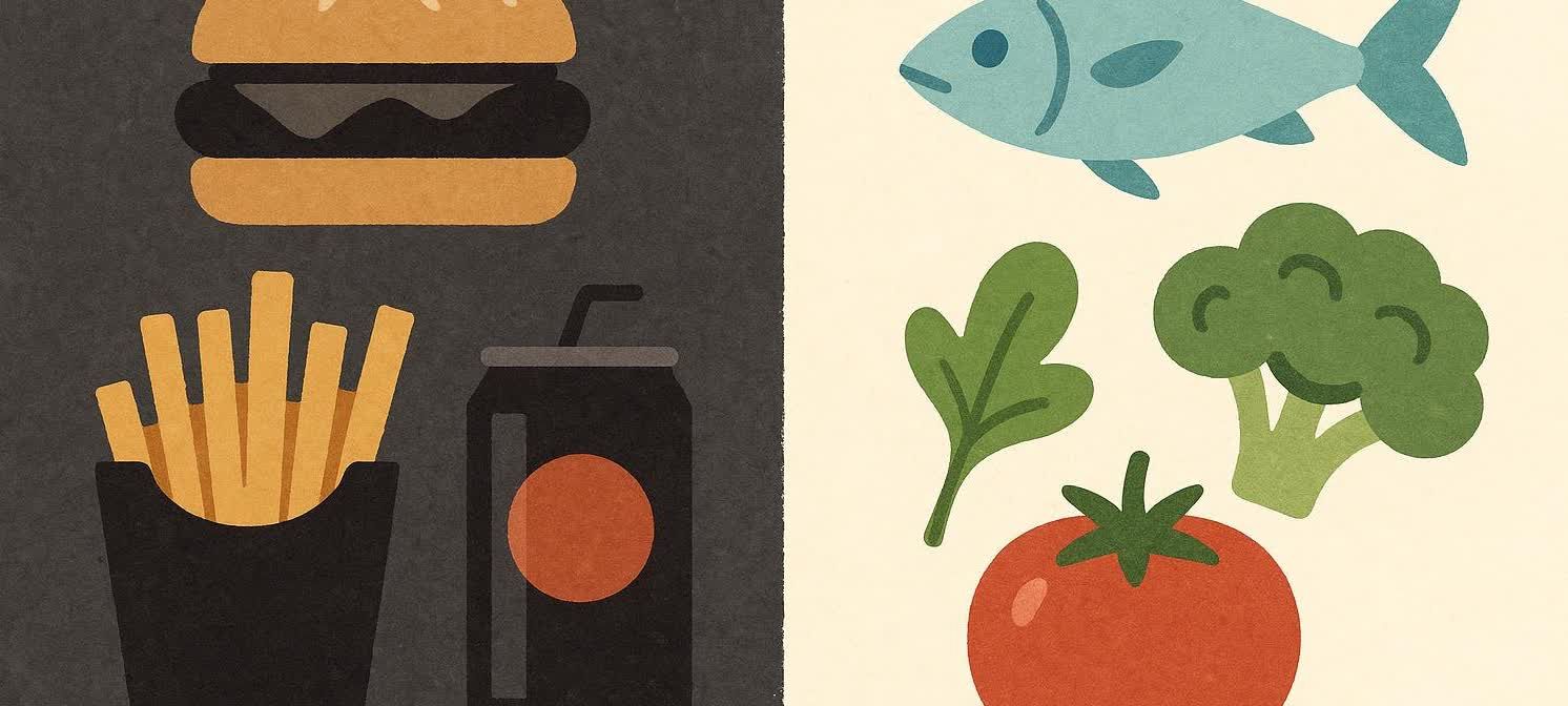 An illustration comparing unhealthy foods like a burger, fries, and a soda on a dark background with healthy foods like fish, broccoli, a tomato, and greens on a light background. This contrast highlights dietary choices for prostate health.