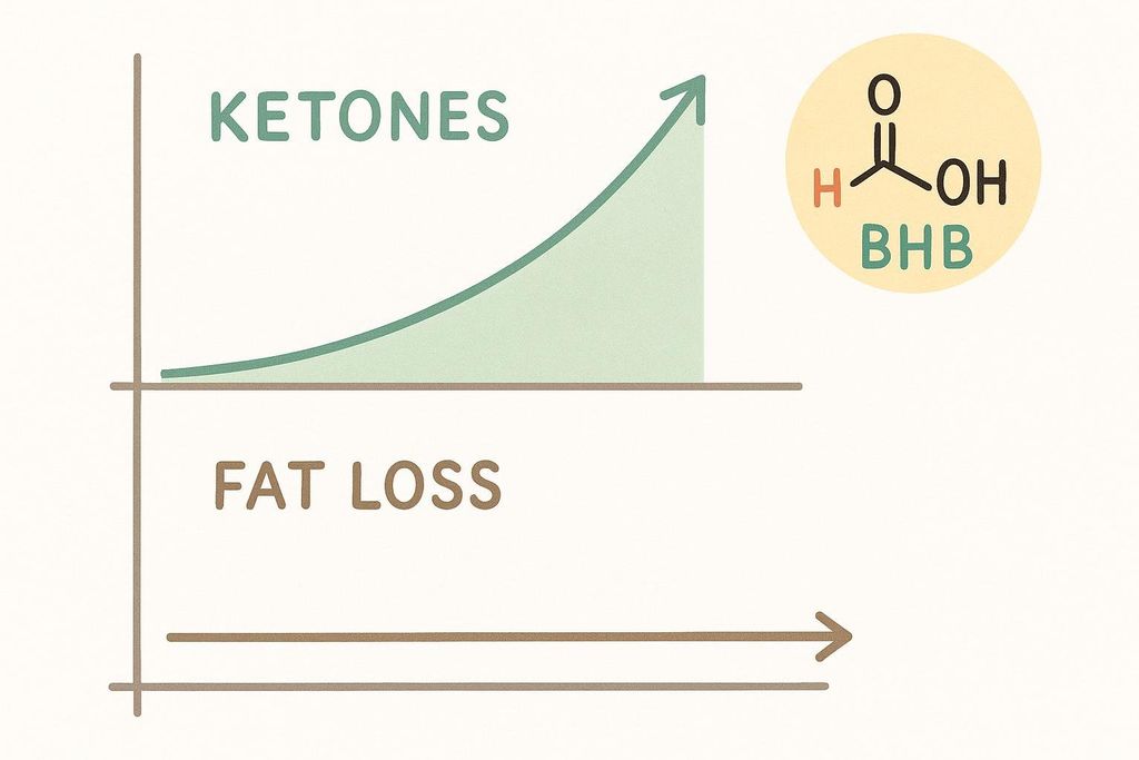 A conceptual chart illustrating the impact of BHB. The 'Ketones' line shows a significant increase, indicated by a green rising curve. In contrast, the 'Fat Loss' line remains flat, suggesting no direct correlation or increase as a result of BHB. A chemical structure of BHB (Beta-hydroxybutyrate) is shown at the top right.