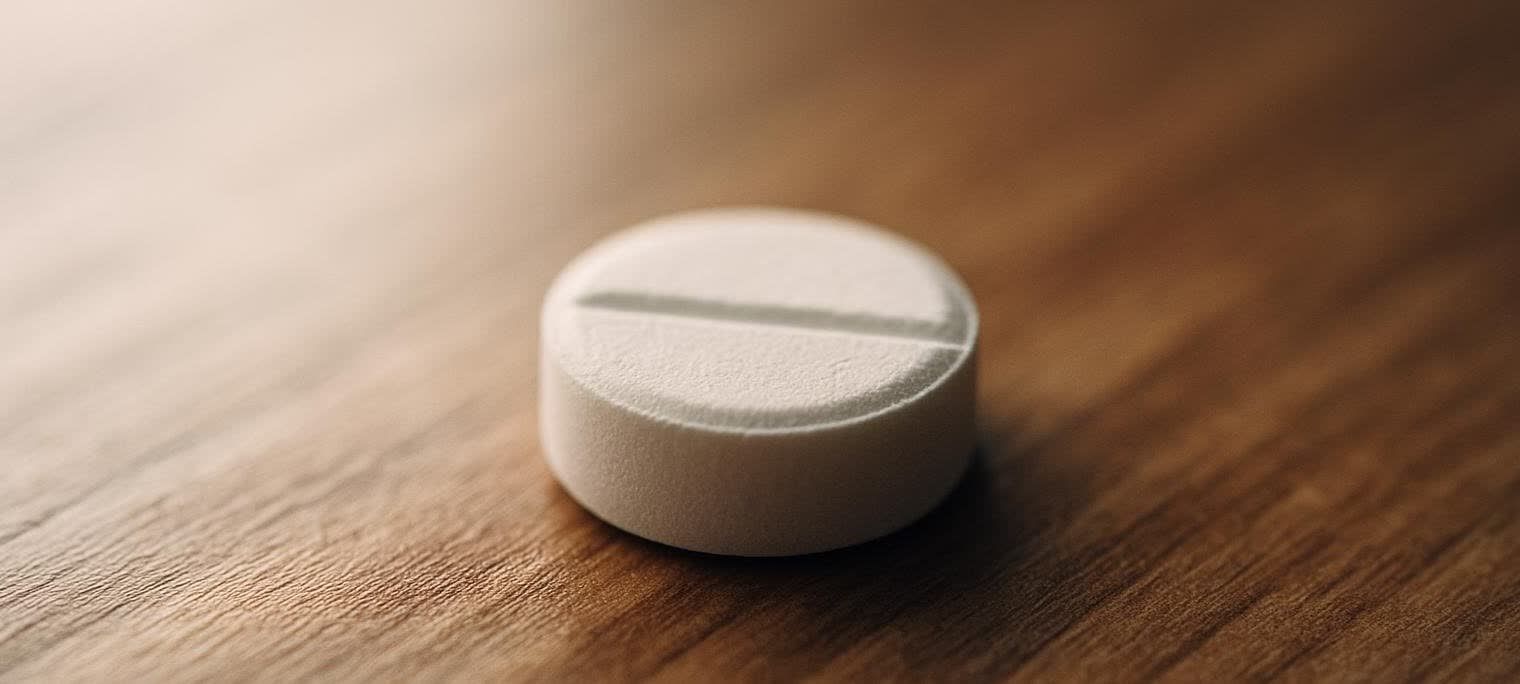 A close-up of a single white, round medication tablet with a score mark, resting on a textured wooden surface.