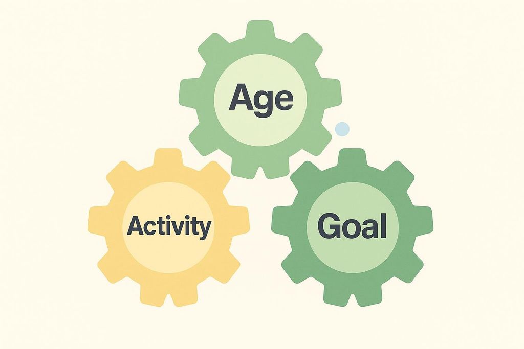 Three interlocking gears, one yellow and two green, with the words 'Age', 'Activity', and 'Goal' written on them. They represent interconnected factors.