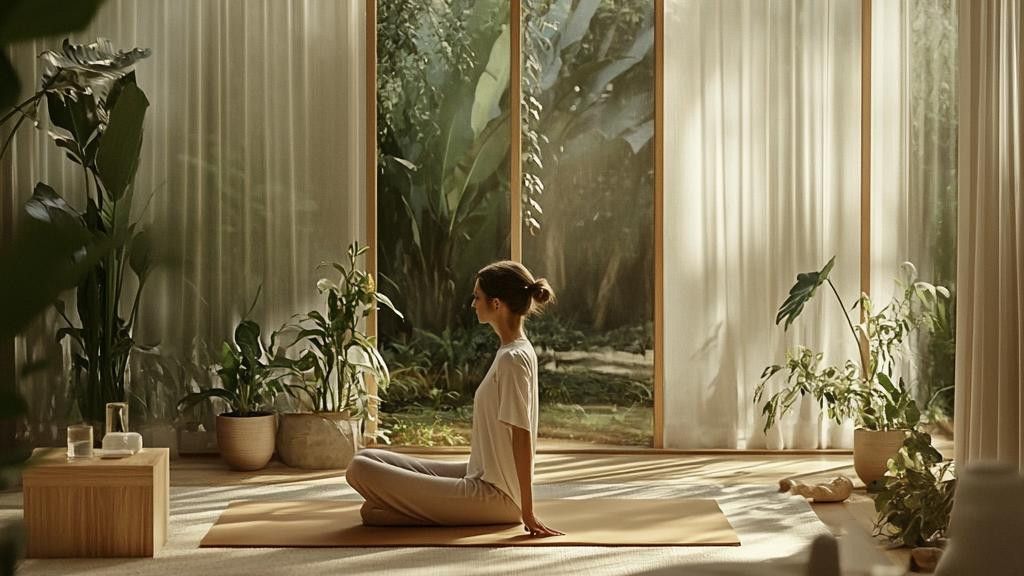 A woman sits in lotus position on a yoga mat, meditating in a bright room filled with plants and natural light streaming through large windows.