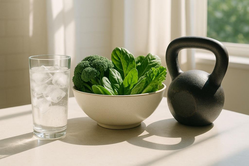 A glass of water with ice, a bowl of fresh green vegetables including broccoli and spinach, and a black kettlebell sit on a light-colored surface with sunlight casting shadows from a nearby window.