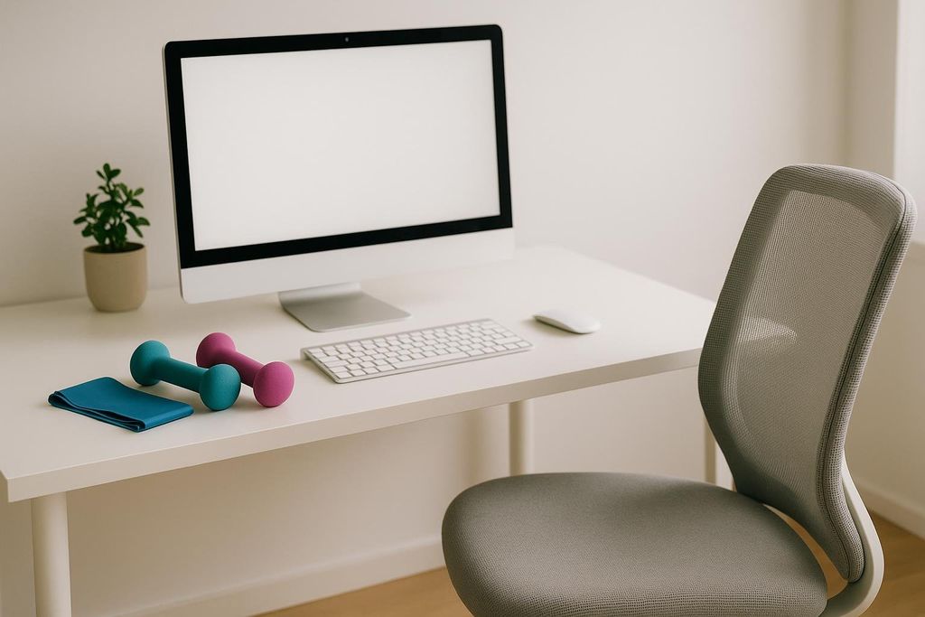 A clean, modern home office desk with a white monitor, keyboard, and mouse. Two small colorful dumbbells and a resistance band are on the white desk, next to a potted plant, and a grey office chair is pulled up to the desk.