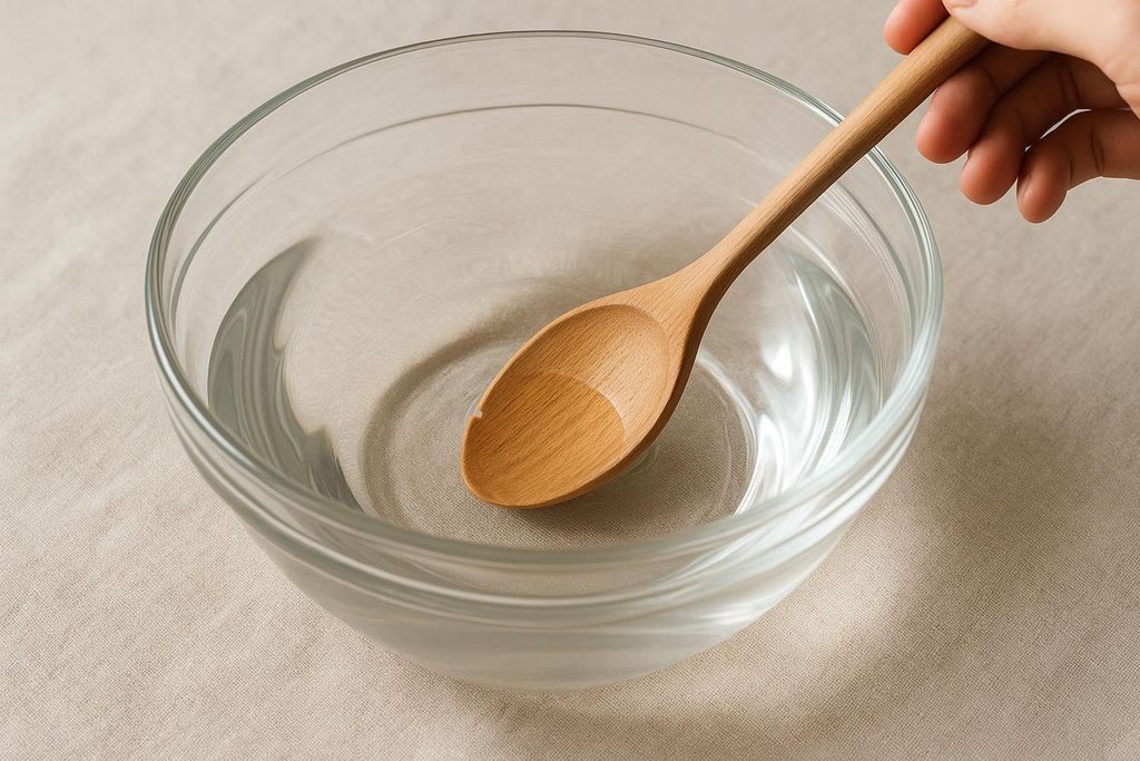 A hand holds a wooden spoon, stirring a clear liquid in a transparent glass bowl. The bowl sits on a light beige fabric surface.