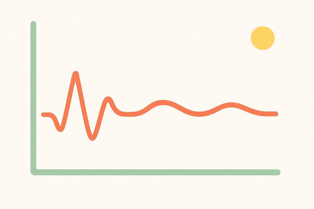 An abstract line graph visually representing blood sugar levels becoming stable and calm, with a yellow circle in the top right corner.