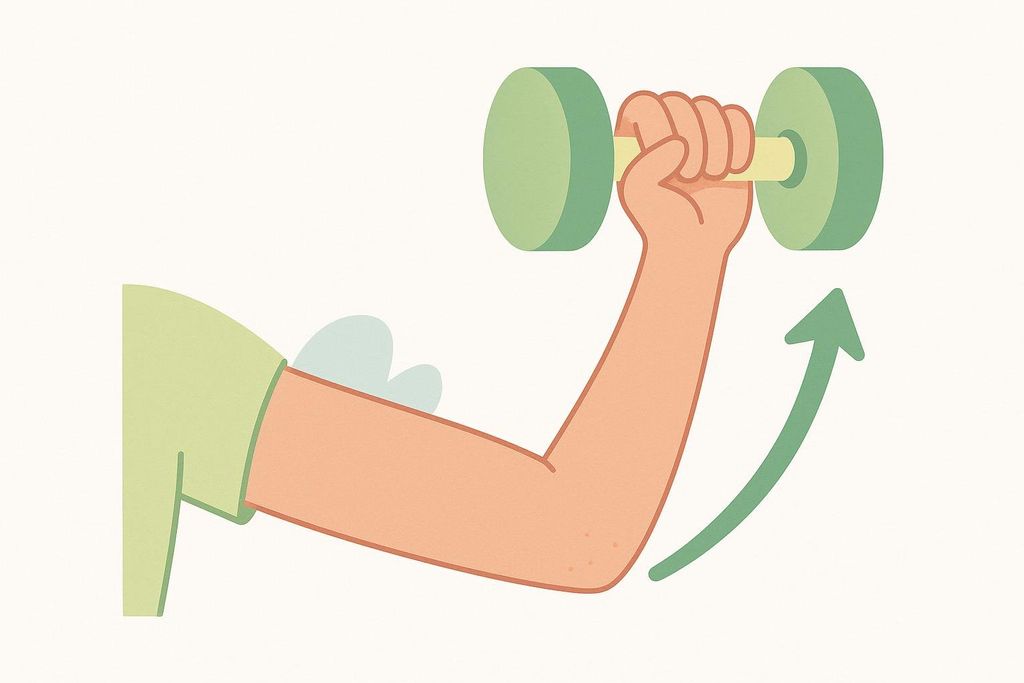 Illustration of a human arm holding a green dumbbell and performing a bicep curl. A green arrow indicates the upward motion of the lift.