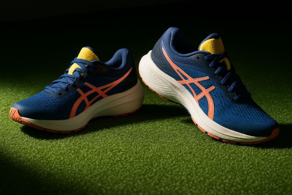 A pair of blue running shoes with orange stripes and yellow accents, resting on a patch of green artificial turf under dramatic lighting. The shoes are slightly angled, with the left shoe more prominent in the foreground.
