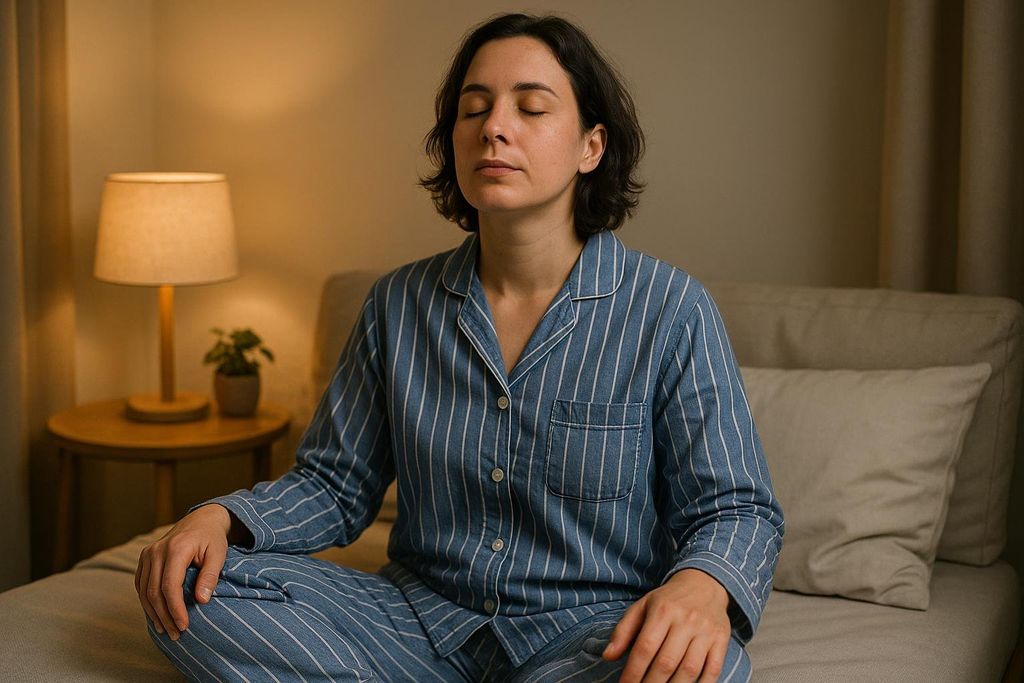 A woman in blue striped pajamas sits on a bed with her eyes closed, meditating. A warm lamp and small plant are visible on a nightstand to her left, creating a peaceful, calm atmosphere in the bedroom.