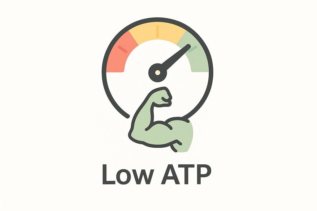 An illustration showing an energy gauge with a needle pointing to the green 'high' section, while a bicep muscle is positioned beneath the gauge. The text 'Low ATP' is written below the illustration, seemingly contradicting the gauge, or perhaps indicating that the gauge shows ATP levels in a muscle, and that even though the gauge is high, it is low ATP for that muscle.