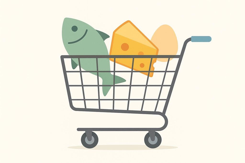 An illustration of a shopping cart containing a fish, a wedge of cheese, and an egg, all representing protein foods.