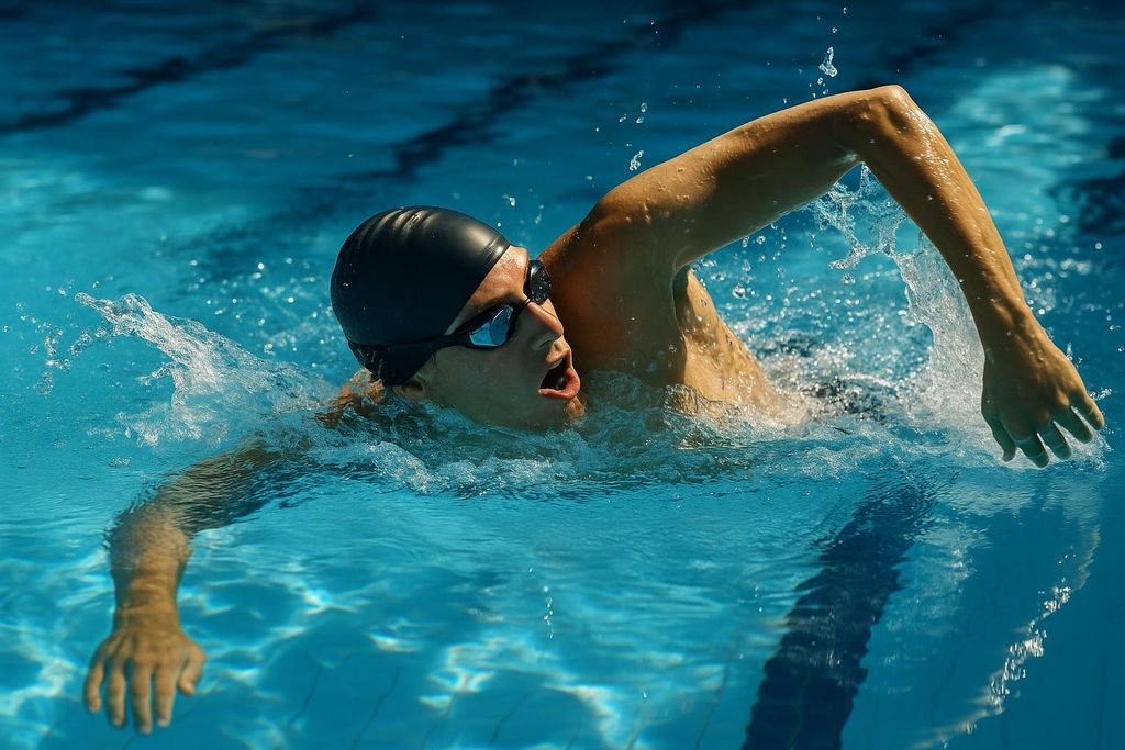 A male swimmer with a black swim cap and goggles takes a breath during a freestyle stroke in an outdoor pool. Water splashes around his head and arms.