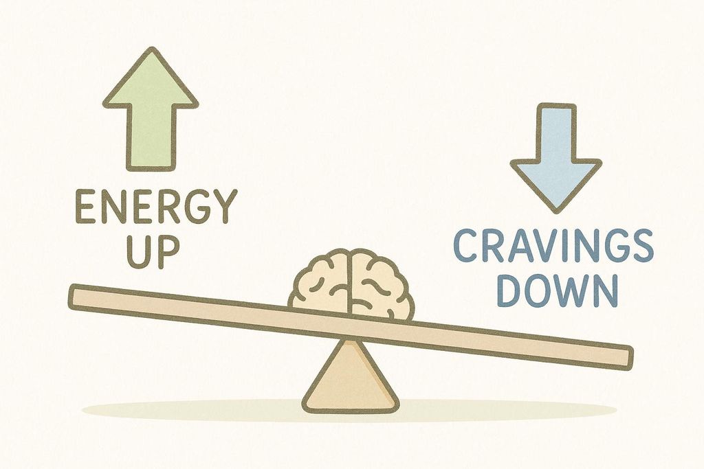 An illustration of a see-saw with a brain balancing in the middle. On the left, an upward arrow and the text 'ENERGY UP'. On the right, a downward arrow and the text 'CRAVINGS DOWN'.