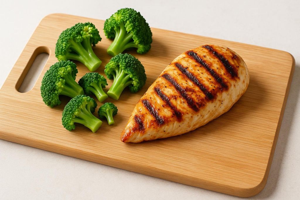 A healthy, protein-rich meal featuring a grilled chicken breast with char marks and several florets of fresh, green broccoli arranged on a light wooden cutting board.