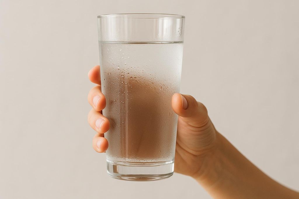 A hand holds a large, sweating glass of cold water against a light background.
