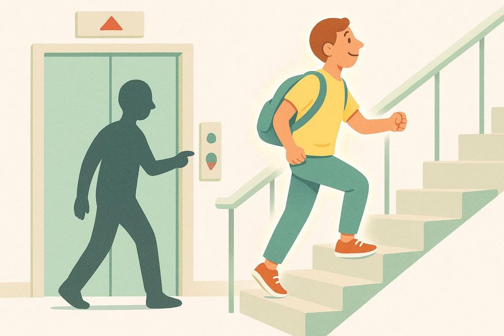 An illustration showing a person, appearing healthy and happy, ascending a staircase. To the left, a shadowy figure points towards an elevator, symbolizing the alternative of an easier, less active choice. This image represents the concept of increasing NEAT (Non-Exercise Activity Thermogenesis) by choosing more active options like stairs instead of an elevator for a healthier lifestyle and improved body recomposition.