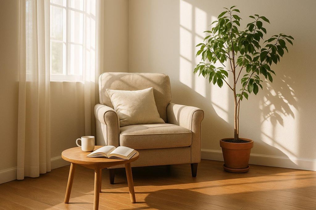 Peaceful reading corner setup with a chair and potted plant.