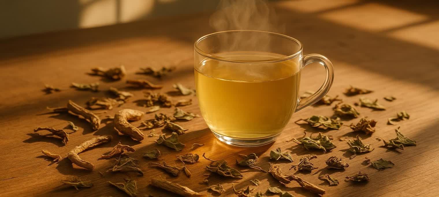 A warm cup of steaming herbal tea sits on a wooden table, surrounded by scattered dry adaptogenic roots and leaves, bathed in natural sunlight.