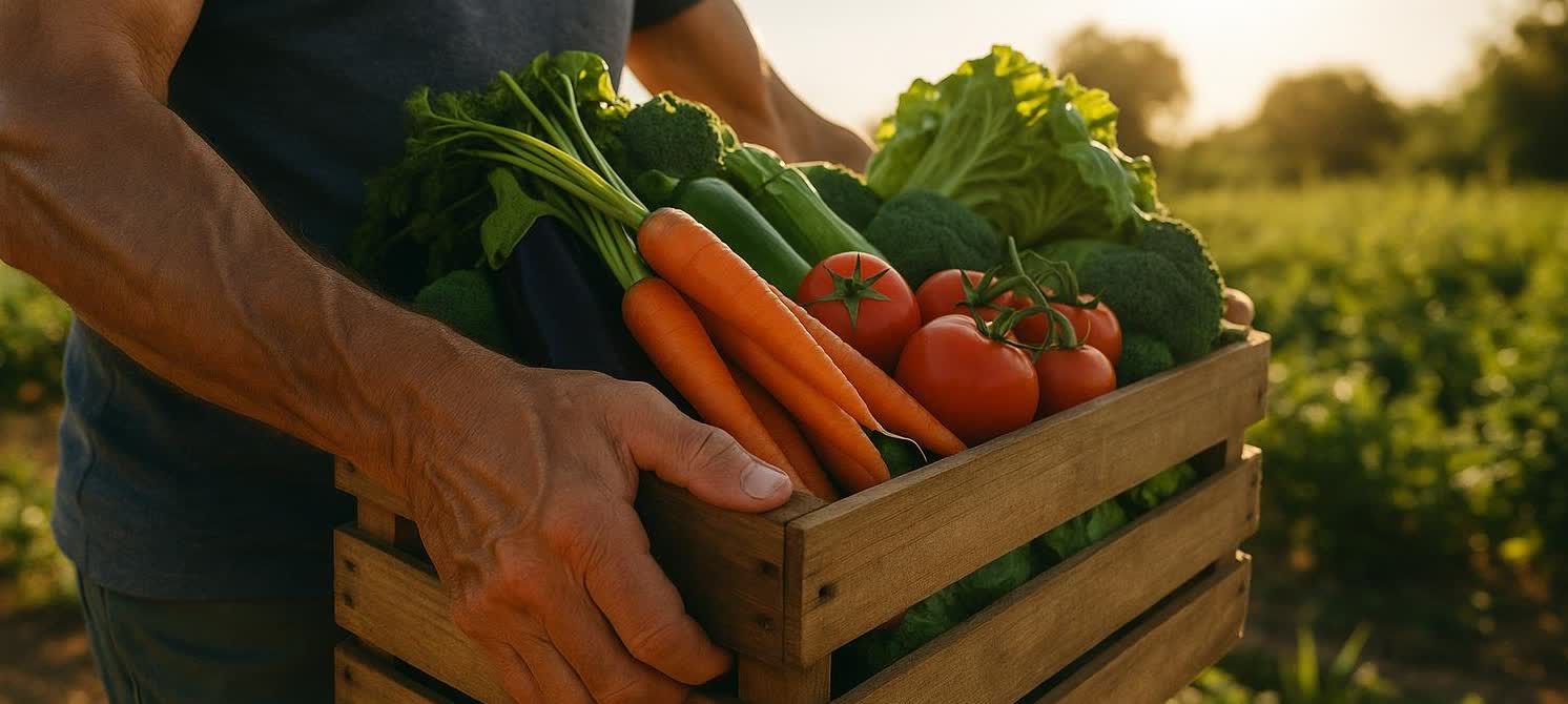 Close-up of a person carrying a wooden crate filled with freshly harvested vegetables including carrots, tomatoes, lettuce, and broccoli, with a sunlit garden in the background.
