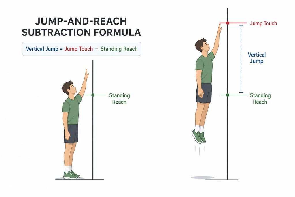 A diagram illustrating the Jump-and-Reach Subtraction Formula. On the left, a person stands with one arm extended upwards, marking their 'Standing Reach'. On the right, the same person is shown at the peak of a jump, with their arm extended upwards, marking 'Jump Touch'. A vertical dashed line indicates the 'Vertical Jump', calculated as the difference between 'Jump Touch' and 'Standing Reach'.