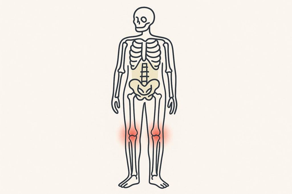 An outline illustration of a human skeleton. The torso and lower rib cage area are subtly highlighted in light yellow, and the knee areas on both legs are highlighted in red, suggesting pain or inflammation.
