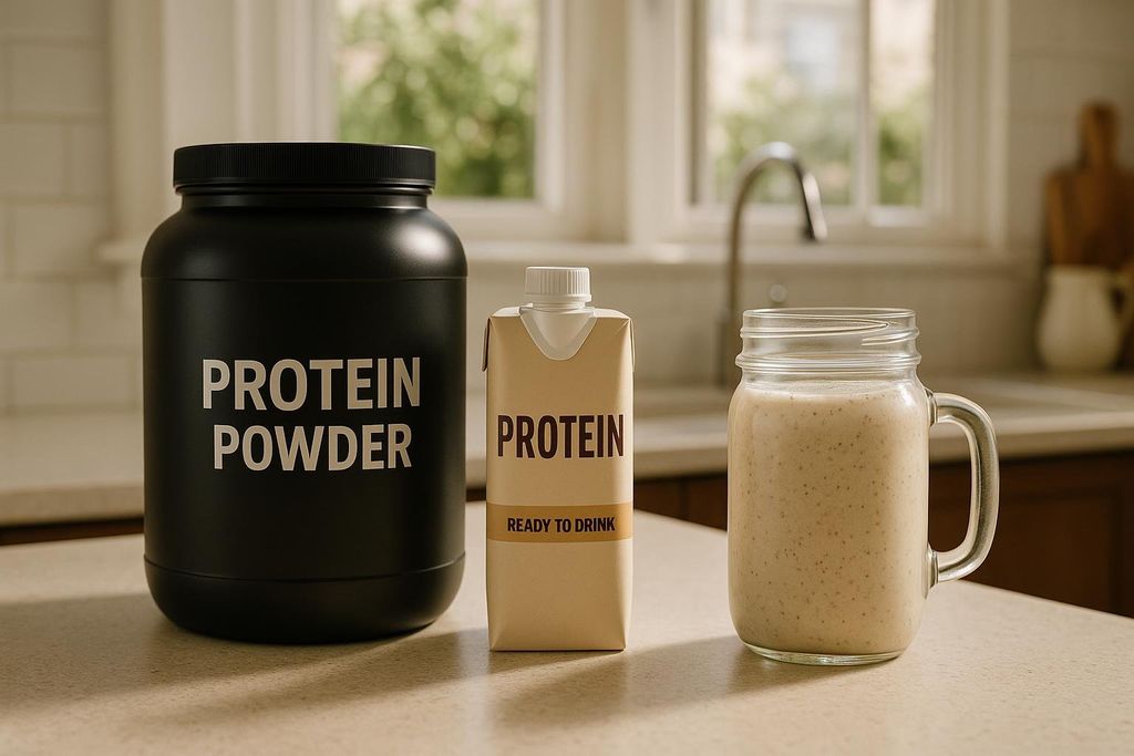 A black tub labeled 'PROTEIN POWDER', a small beige carton labeled 'PROTEIN READY TO DRINK', and a glass jar with a handle containing a homemade smoothie with specks of dark color, all sitting on a kitchen counter. A kitchen sink with a faucet and window are visible in the background.