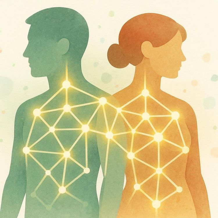 An illustration of a green male silhouette facing left and an orange female silhouette facing right, with glowing interconnected dots and lines representing a neural network or a connection between them. The network extends across their bodies and links them.