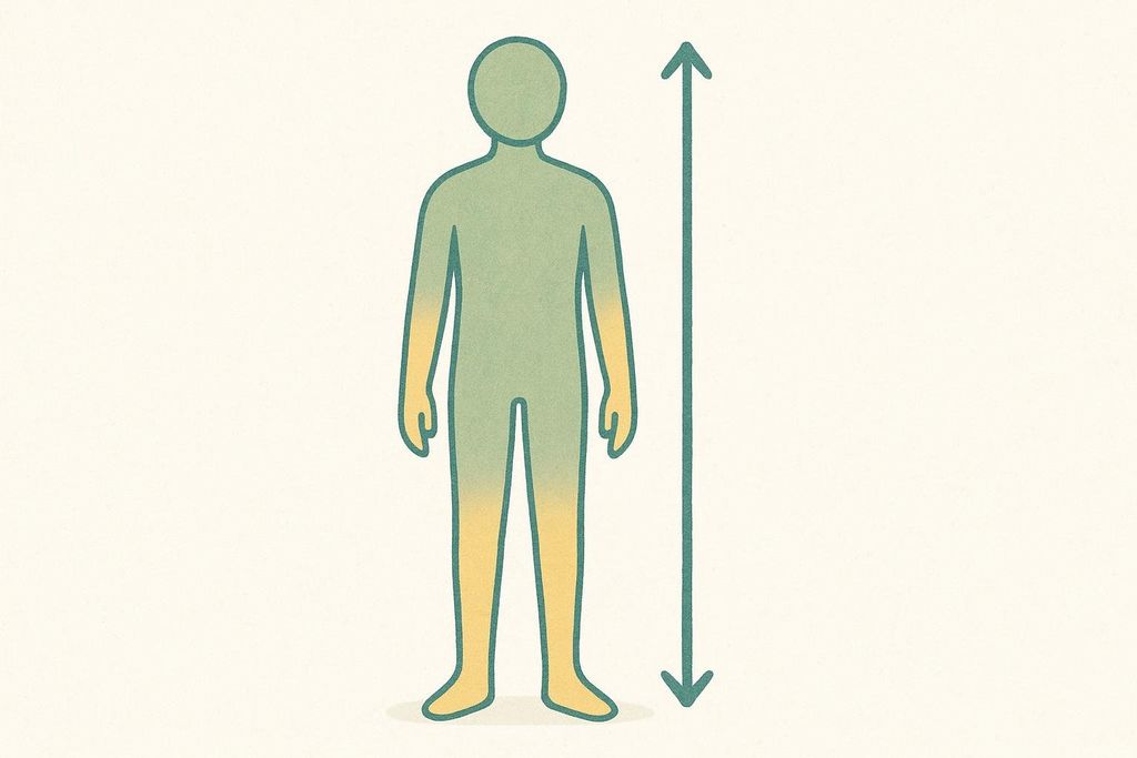 An illustration showing a stylized human figure with limbs (arms and legs) highlighted in a slightly different color from the torso. To the right of the figure, a long vertical arrow points from the top of the head down to the feet, representing height. The image represents the ALMI (Appendicular Lean Mass Index) concept by comparing limb mass to height.