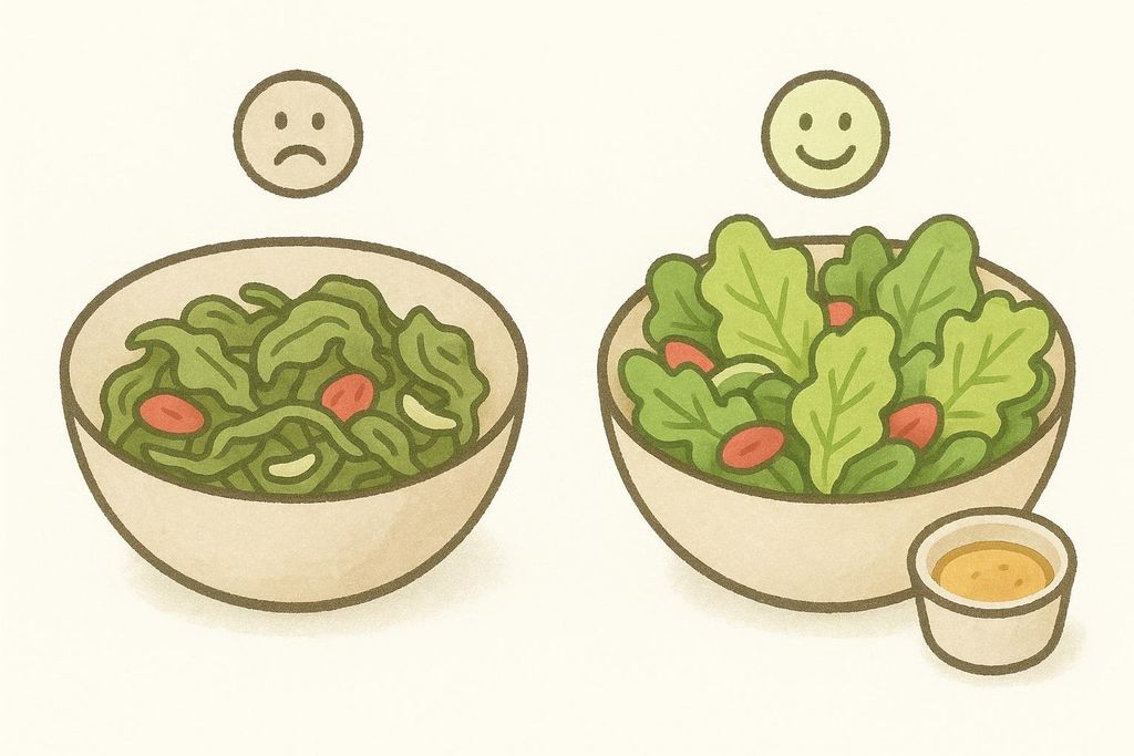 Illustration comparing a sad, soggy salad with a happy, crisp salad that has its dressing in a separate container, demonstrating the benefit of keeping dressing separate until serving.