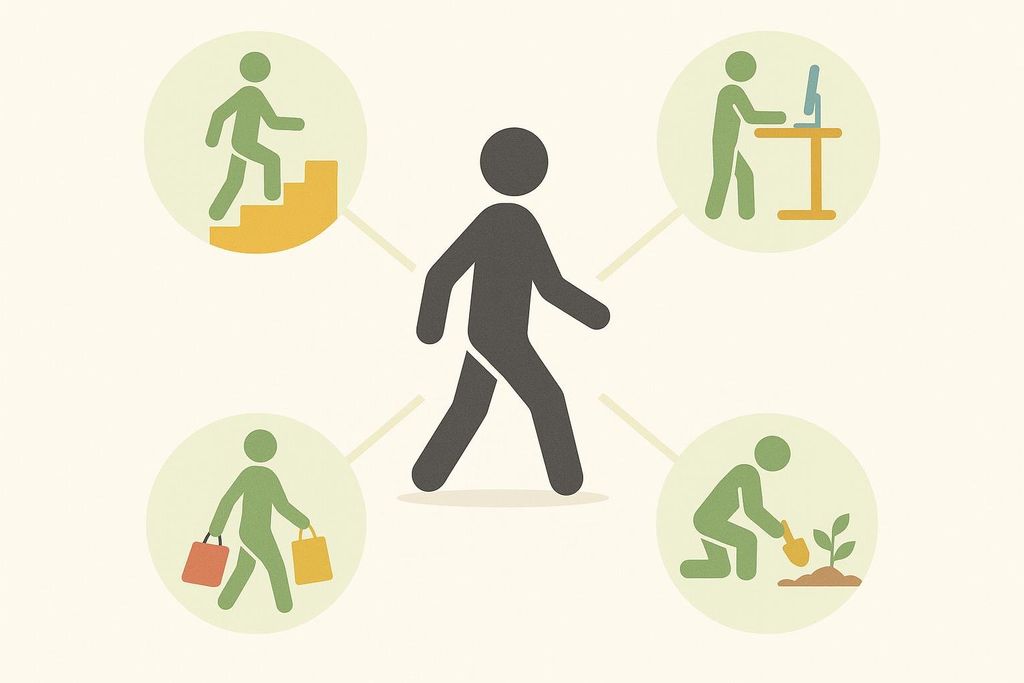 Illustration showing a central figure surrounded by icons representing NEAT activities: taking the stairs, standing while working at a computer, carrying shopping bags, and gardening or planting.