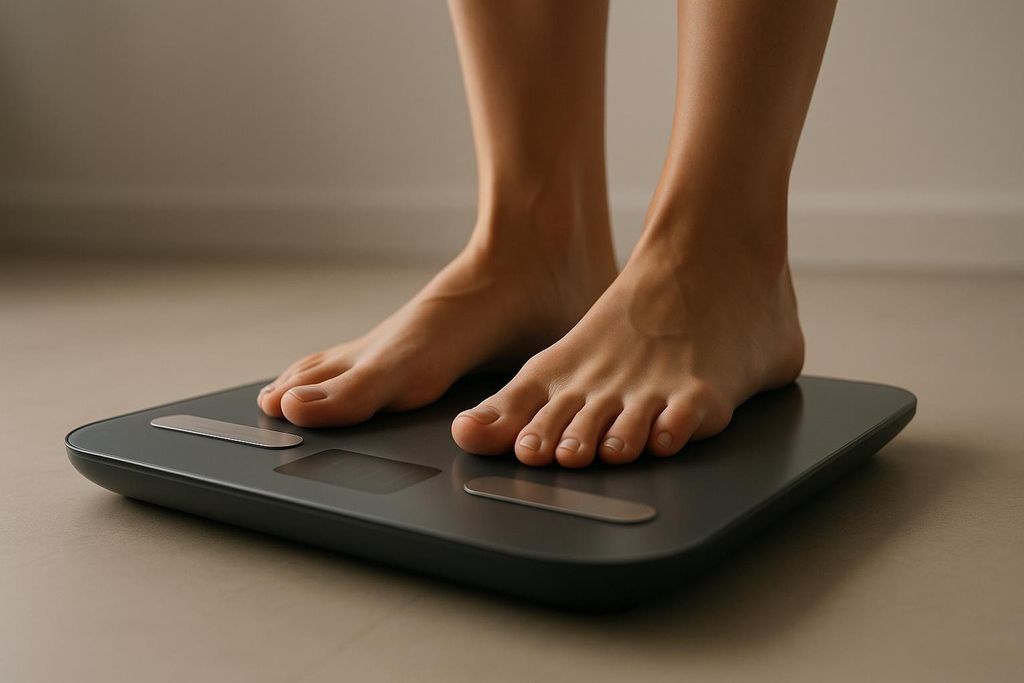 Close-up of bare feet standing on a modern bioimpedance smart scale.