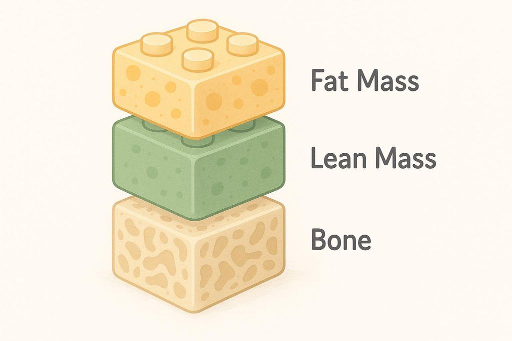 A diagram illustrates the three primary components measured in a DXA scan, represented by stacked, colorful Lego-like blocks. The top block is yellow and labeled 'Fat Mass'. The middle block is green and labeled 'Lean Mass'. The bottom block is beige/tan and labeled 'Bone'.