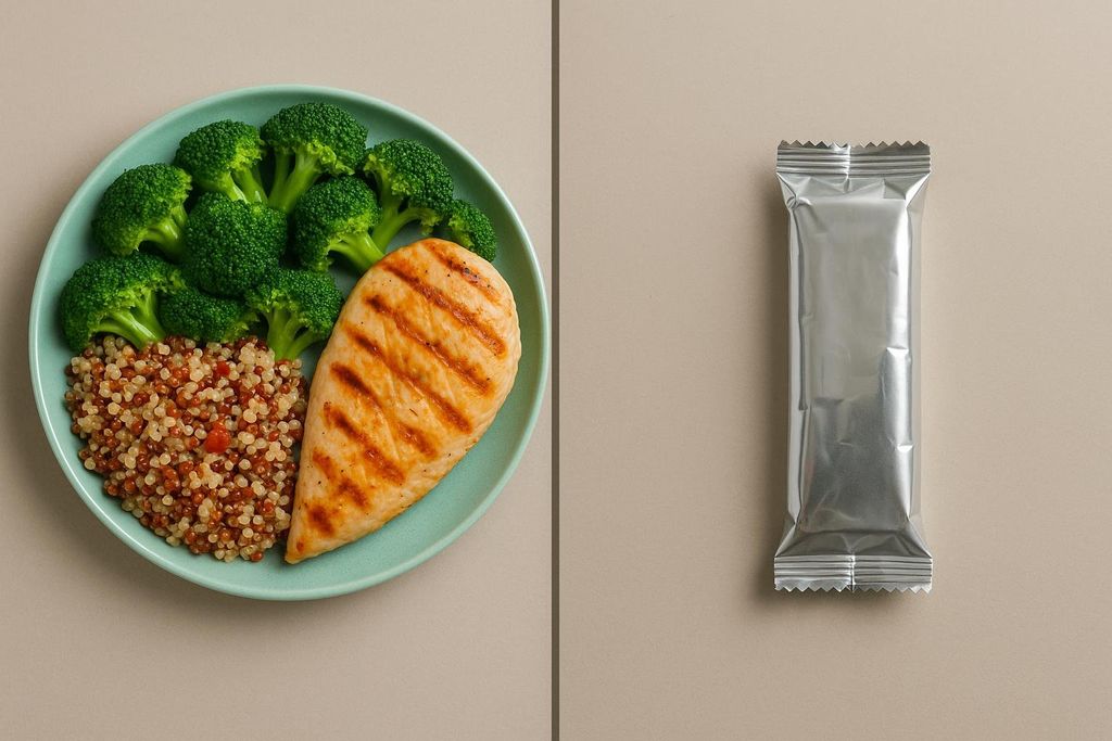 A side-by-side comparison. On the left is a plate of whole foods, including grilled chicken, quinoa, and broccoli florets. On the right, a single silver-wrapped protein bar. The image highlights the difference in volume and appearance between a natural, home-cooked meal and a processed, packaged snack.