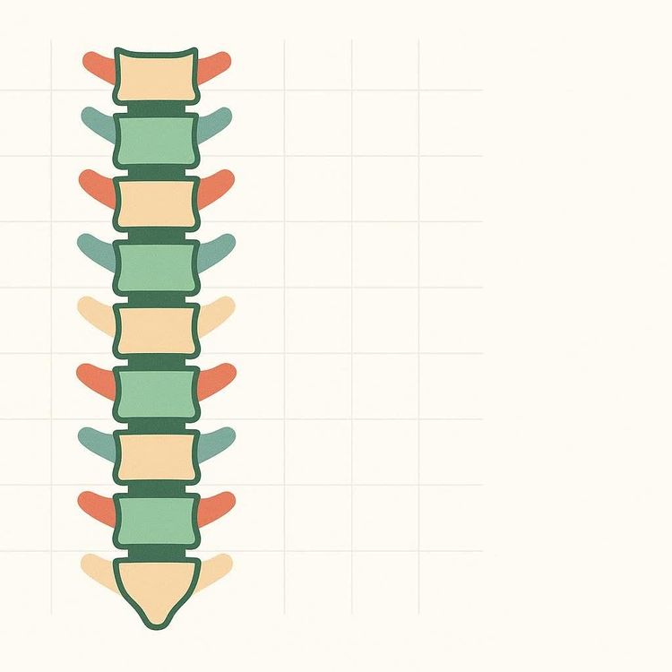 An icon of a perfectly straight human spine, depicted in colorful segments, aligned on a subtle grid background.