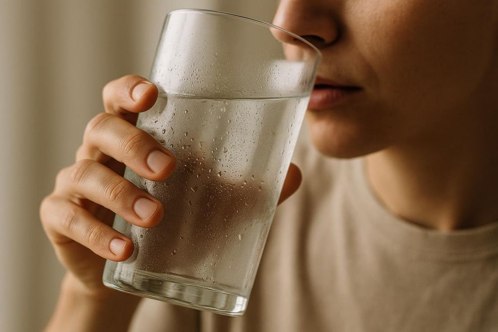 A close-up of a person's hand holding a cold, sweating glass of water to their mouth, as if taking a drink.
