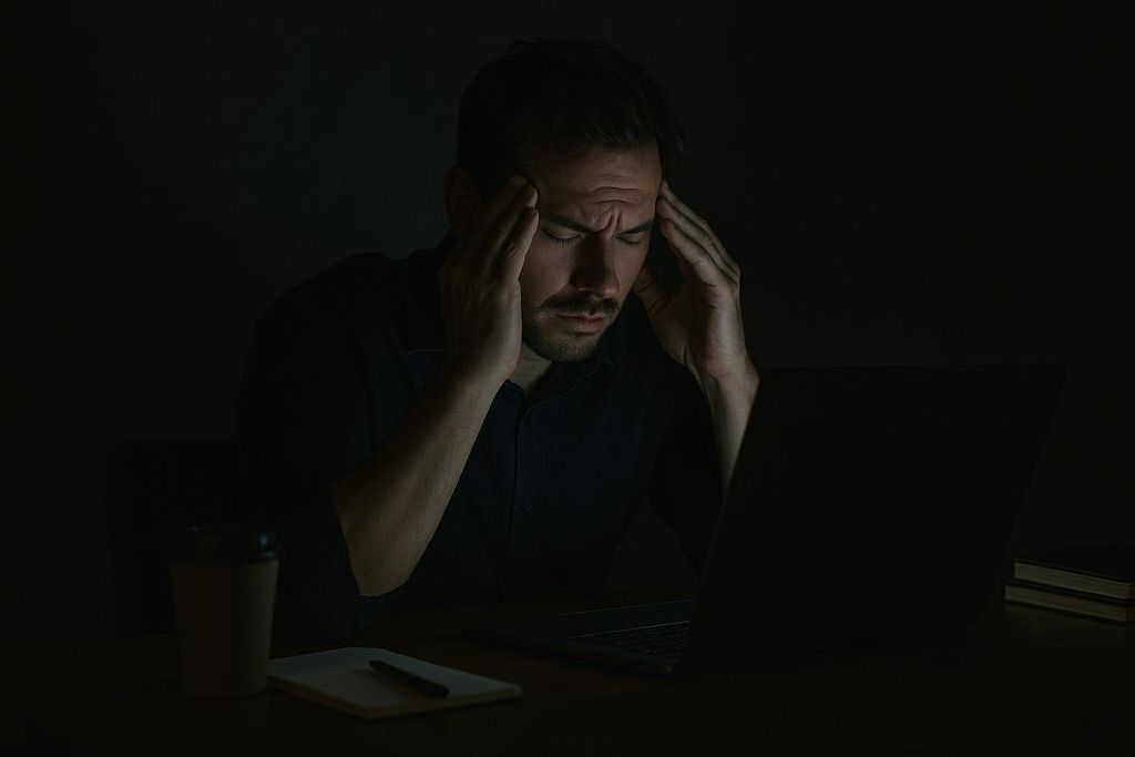 A man with a pained expression, holding his temples as if suffering from a headache, works on a laptop in a dimly lit room, suggesting stress or overwork.