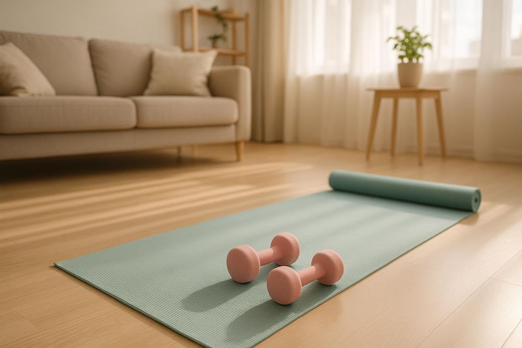 Two pink small dumbbells resting on a green yoga mat in a sunlit room with wooden floors. A beige sofa and a small side table with a potted plant are visible in the background.