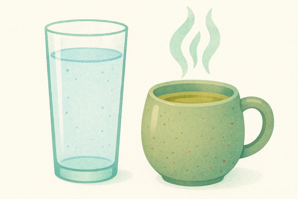 An elegant illustration of a glass of water and mug of steaming tea.