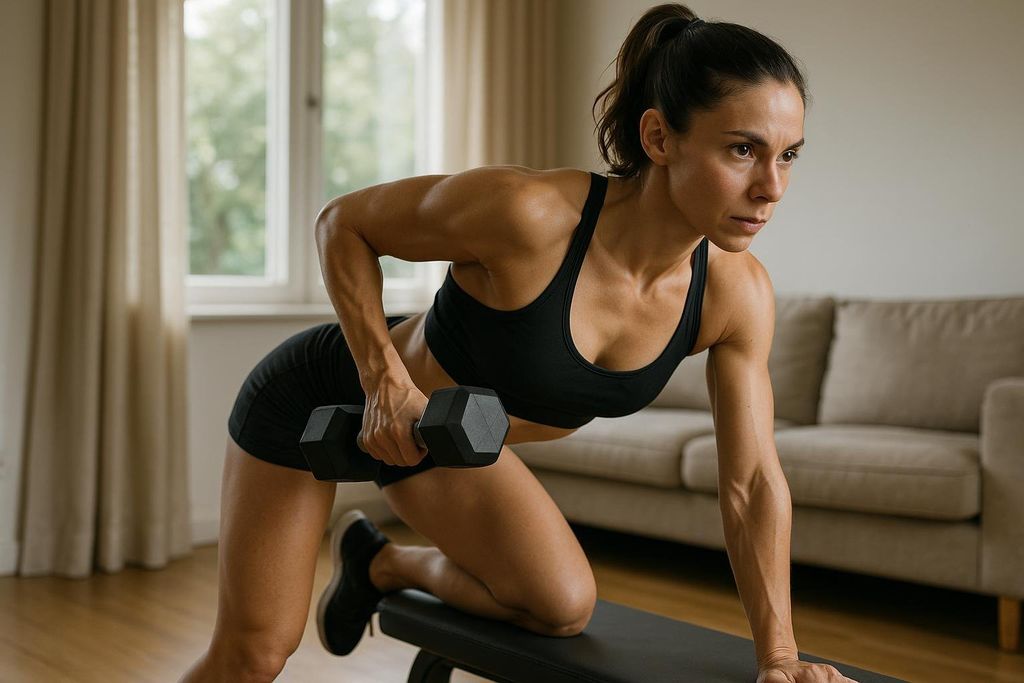 A strong woman performing a dumbbell row exercise.