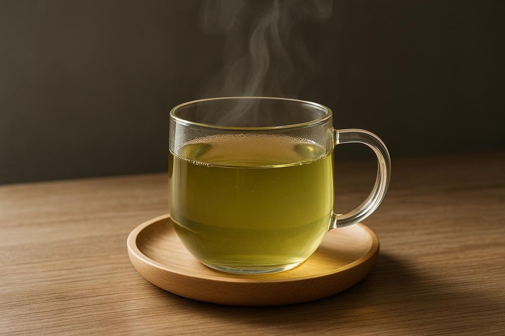 Steaming green tea in a clear glass mug.