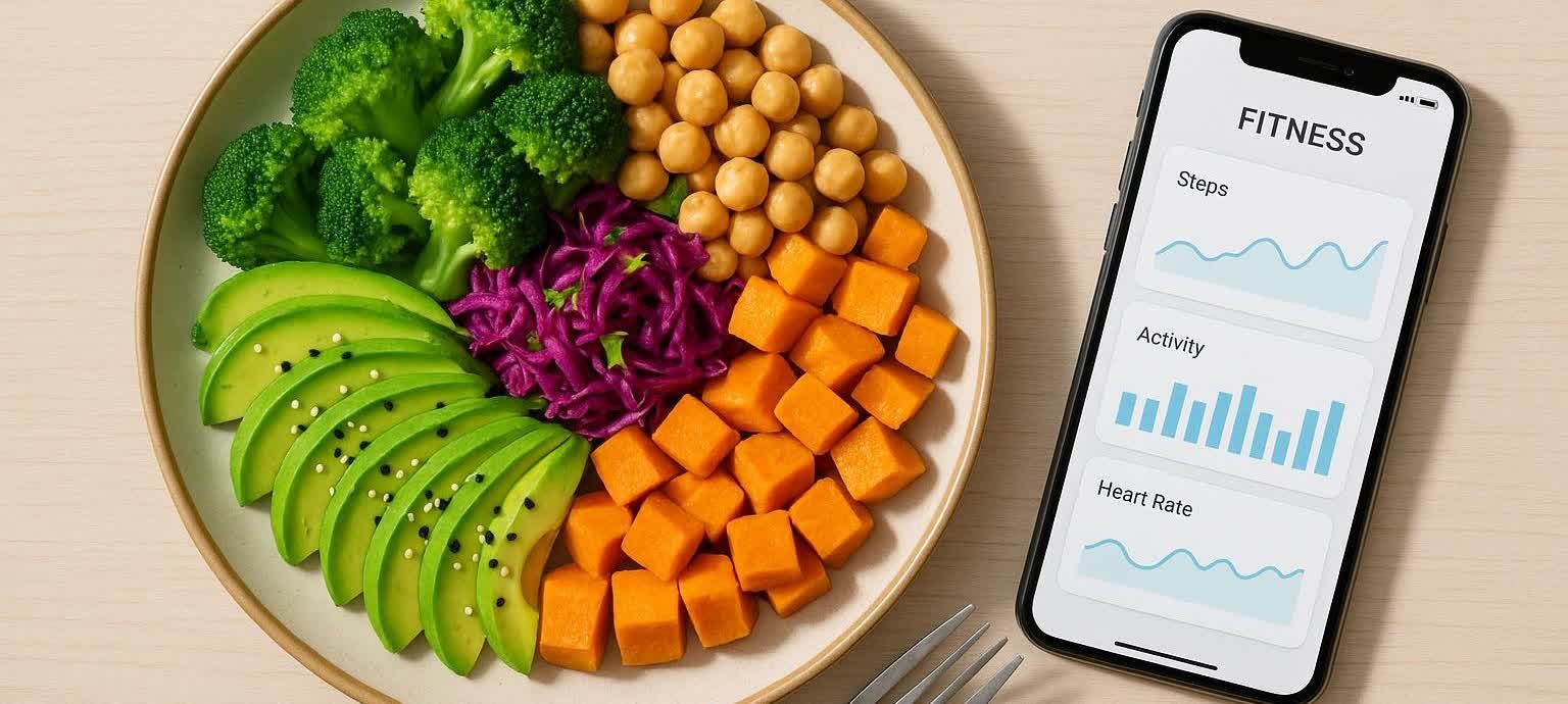 A close-up, top-down view of a colorful Buddha bowl filled with broccoli, chickpeas, red cabbage, avocado slices, and diced sweet potato, next to a smartphone displaying a fitness app with graphs for steps, activity, and heart rate.