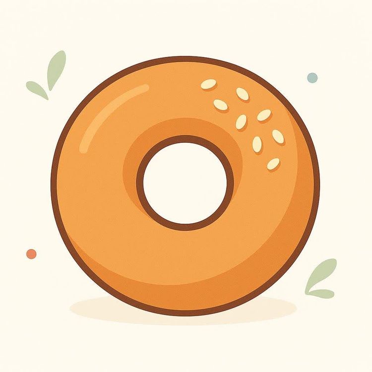A stylized illustration of a golden-brown bagel, topped with sesame seeds. The bagel is centered on a cream-colored background with a few small, decorative green leaves and dots scattered around it.