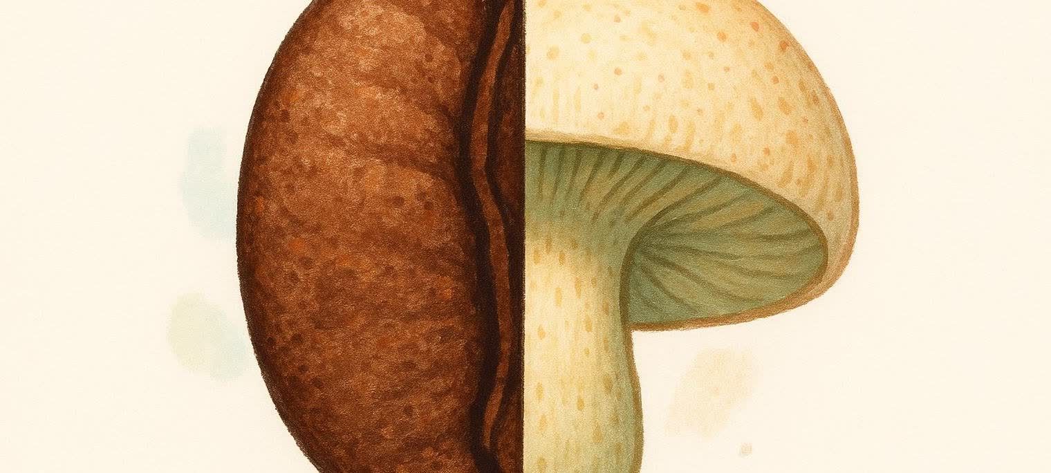 An artistic split icon showing a coffee bean merging into a mushroom, with the coffee bean on the left and the mushroom on the right, both rendered in a watercolor or colored pencil style.