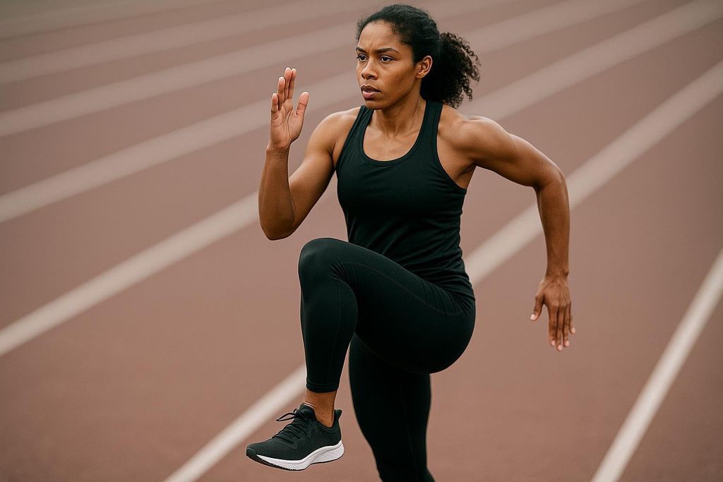 A focused female athlete performing high knees on a brown running track, dressed in all black athletic wear.
