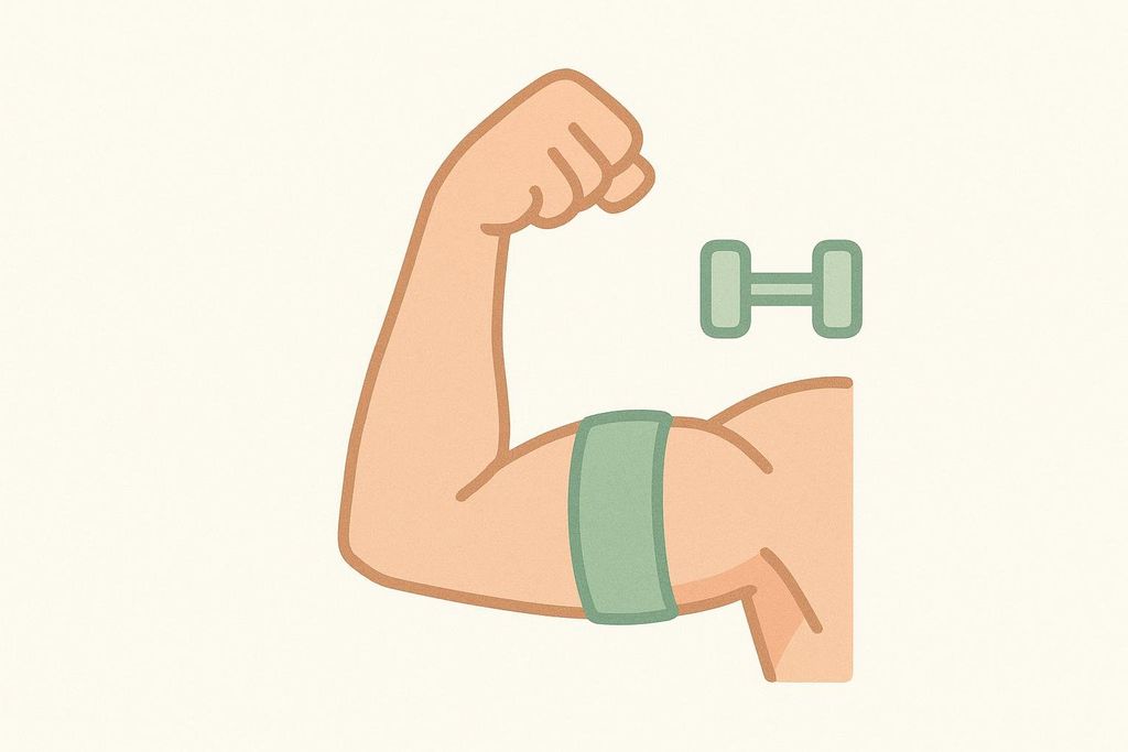A simple illustration of a flexed arm with a green band wrapped around the biceps, next to a small gray dumbbell. This represents Blood Flow Restriction (BFR) training for recovery or muscle growth.