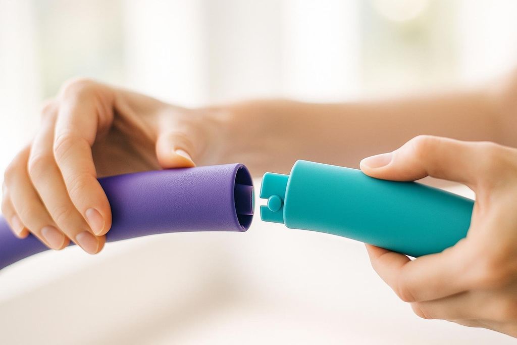 Close-up of hands connecting two brightly colored segments of an adjustable hula hoop. One segment is purple and the other is teal, with a visible snapping mechanism.