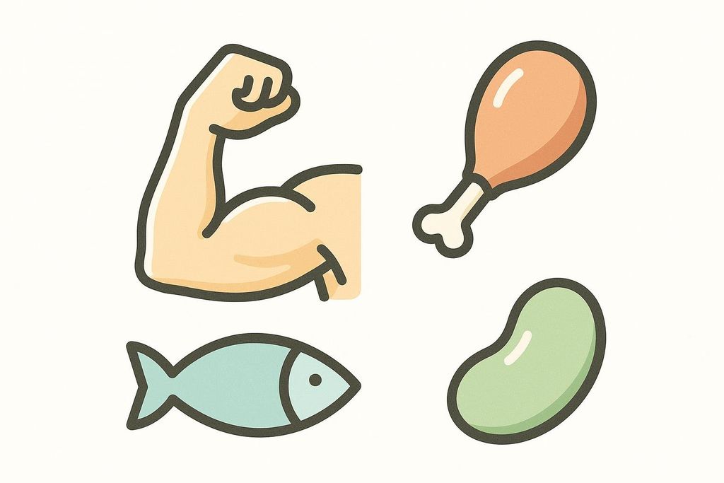 Icons of a bicep, chicken drumstick, fish, and bean representing muscle and protein food sources.