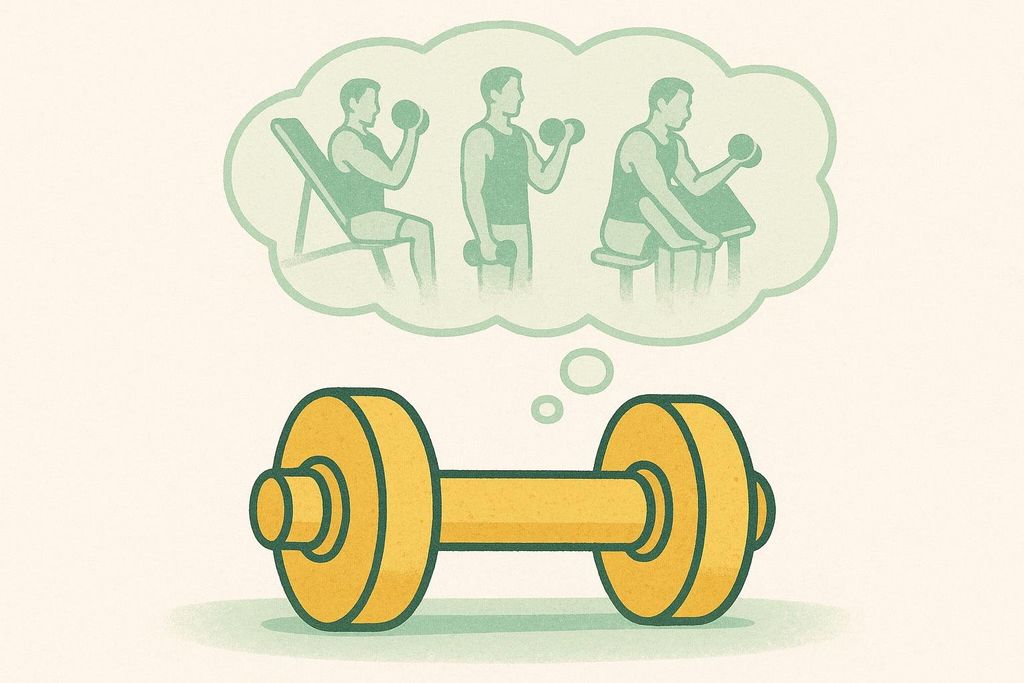 Illustration of a single dumbbell with a thought bubble above it showing a person performing dumbbell exercises on a bench and standing, representing variety.